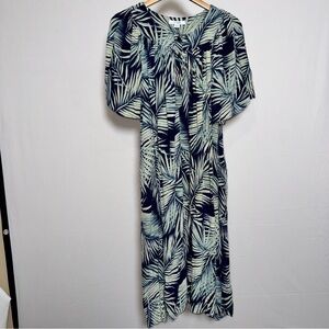 So Softly Palm Leaf Maxi Patio Dress Navy Size L Rayon Lounge Beach Vacation